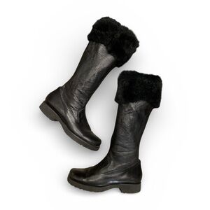 Italian Leather Real Fur Tall Black Boots Apres Ski Gothcore Y2K Winter Bimbo